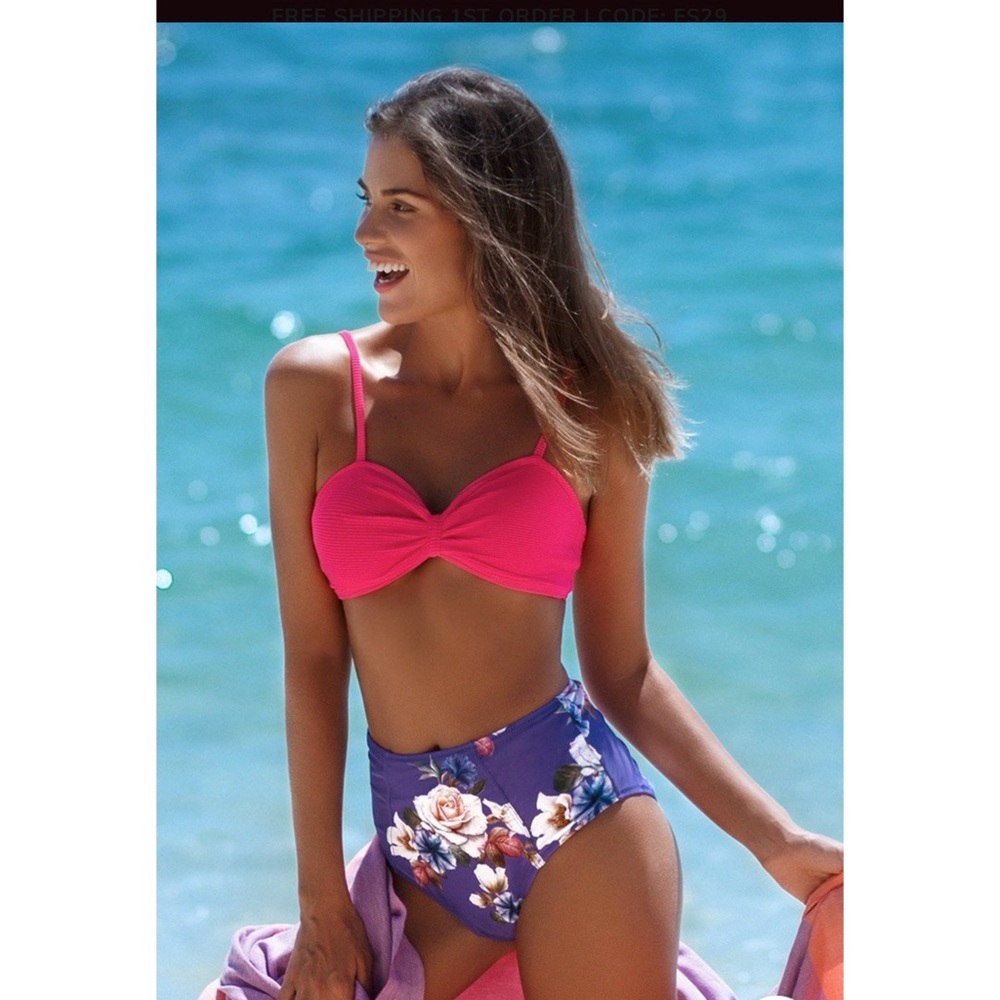 Cupshe 	
Neon Pink Bikini with Floral Bottom